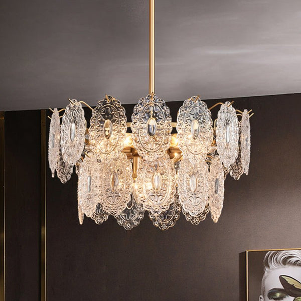 Embossed Crystal Plate Chandelier – Luxury Crystal Ceiling Light | Elegant Gold Statement Lighting