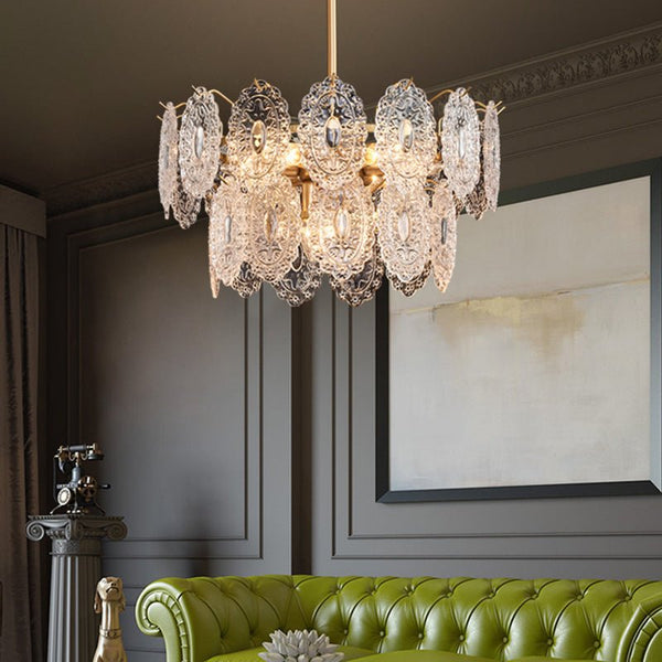 Embossed Crystal Plate Chandelier – Luxury Crystal Ceiling Light | Elegant Gold Statement Lighting