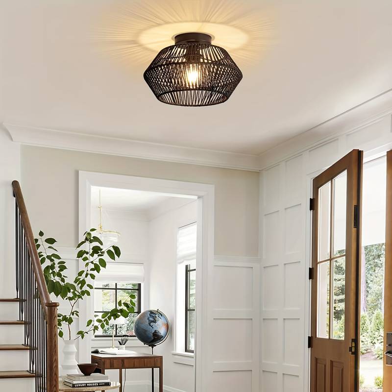 Solvaya Boho Ceiling Light – Handwoven Rattan Flush Mount Lamp | Natural Bohemian Interior Lighting