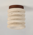 Travertine & Walnut Ceiling Light – Wabi-Sabi Japandi Flush Mount Lamp | Natural Ambient Interior Lighting