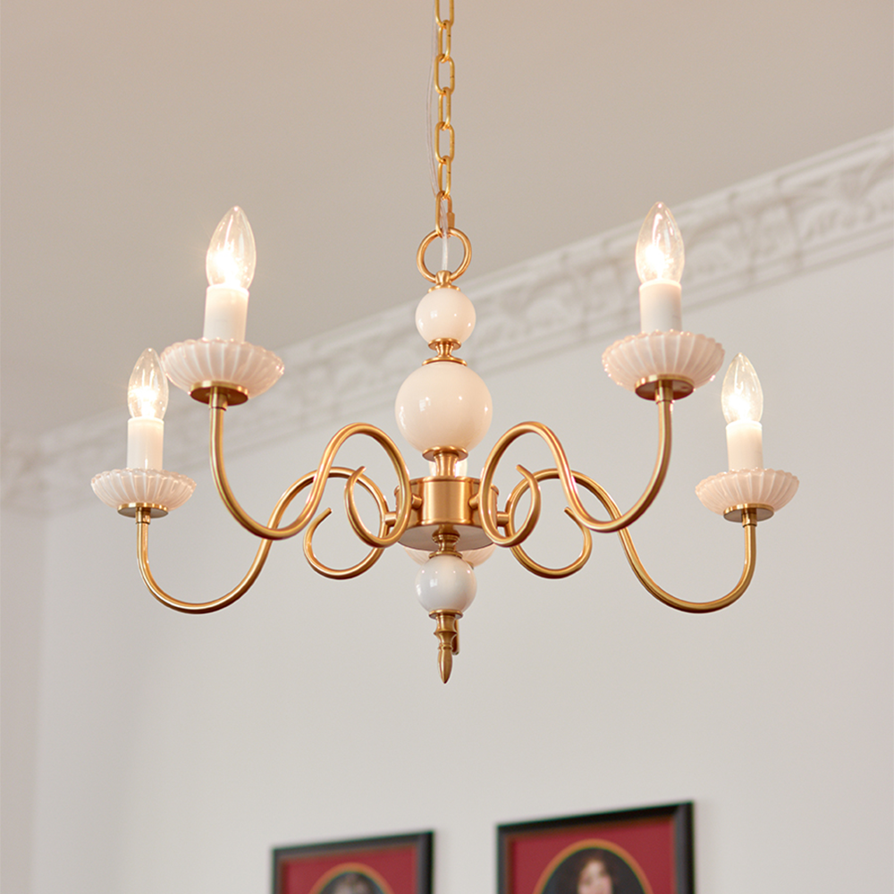 Cream Glass Chandelier – American Retro Metal Ceiling Light | Elegant Vintage Bedroom Lighting