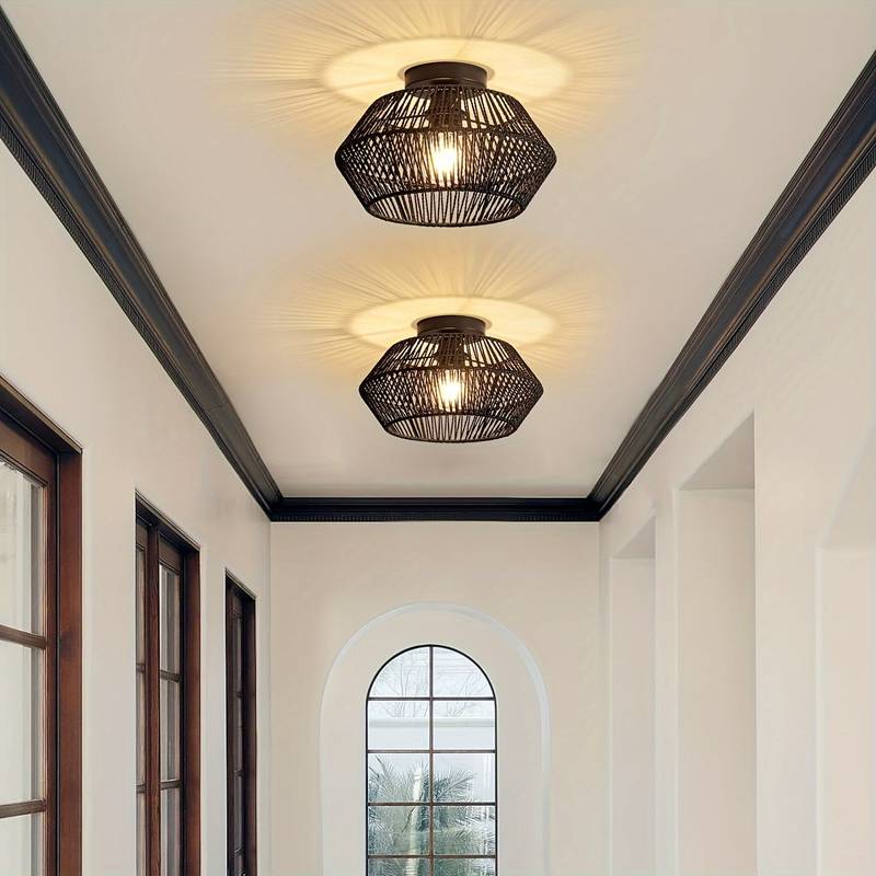 Solvaya Boho Ceiling Light – Handwoven Rattan Flush Mount Lamp | Natural Bohemian Interior Lighting