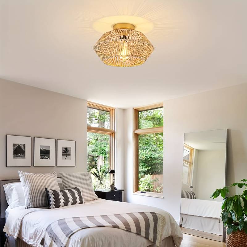 Solvaya Boho Ceiling Light – Handwoven Rattan Flush Mount Lamp | Natural Bohemian Interior Lighting