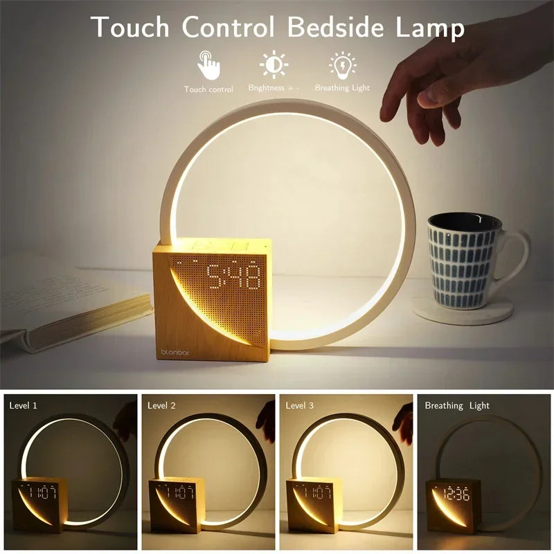 LumiClock Touch Bedside Lamp – LED Alarm Clock Night Light | Modern Wooden Table Lamp with Touch Control