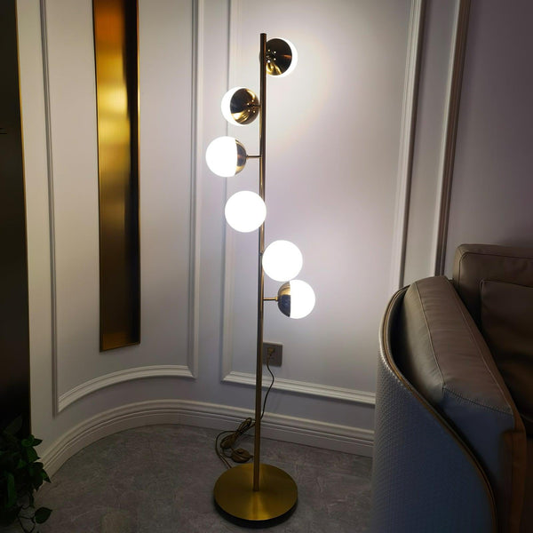 Auric Orbit Floor Lamp – Modern Glass Globe Lighting | Luxury Gold Statement Design