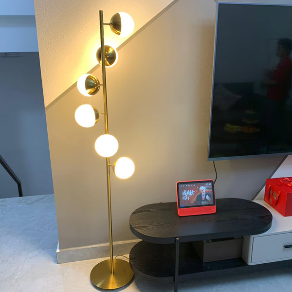 Auric Orbit Floor Lamp – Modern Glass Globe Lighting | Luxury Gold Statement Design
