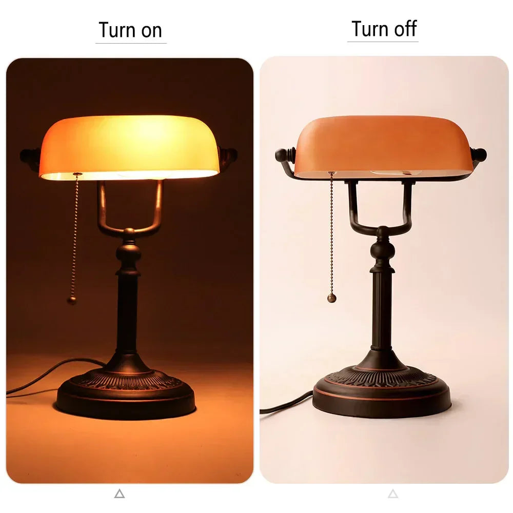 Vintage Amber Glass Table Lamp – Retro E26 Desk Light | Warm Ambient Lighting | Timeless Banker-Style Design