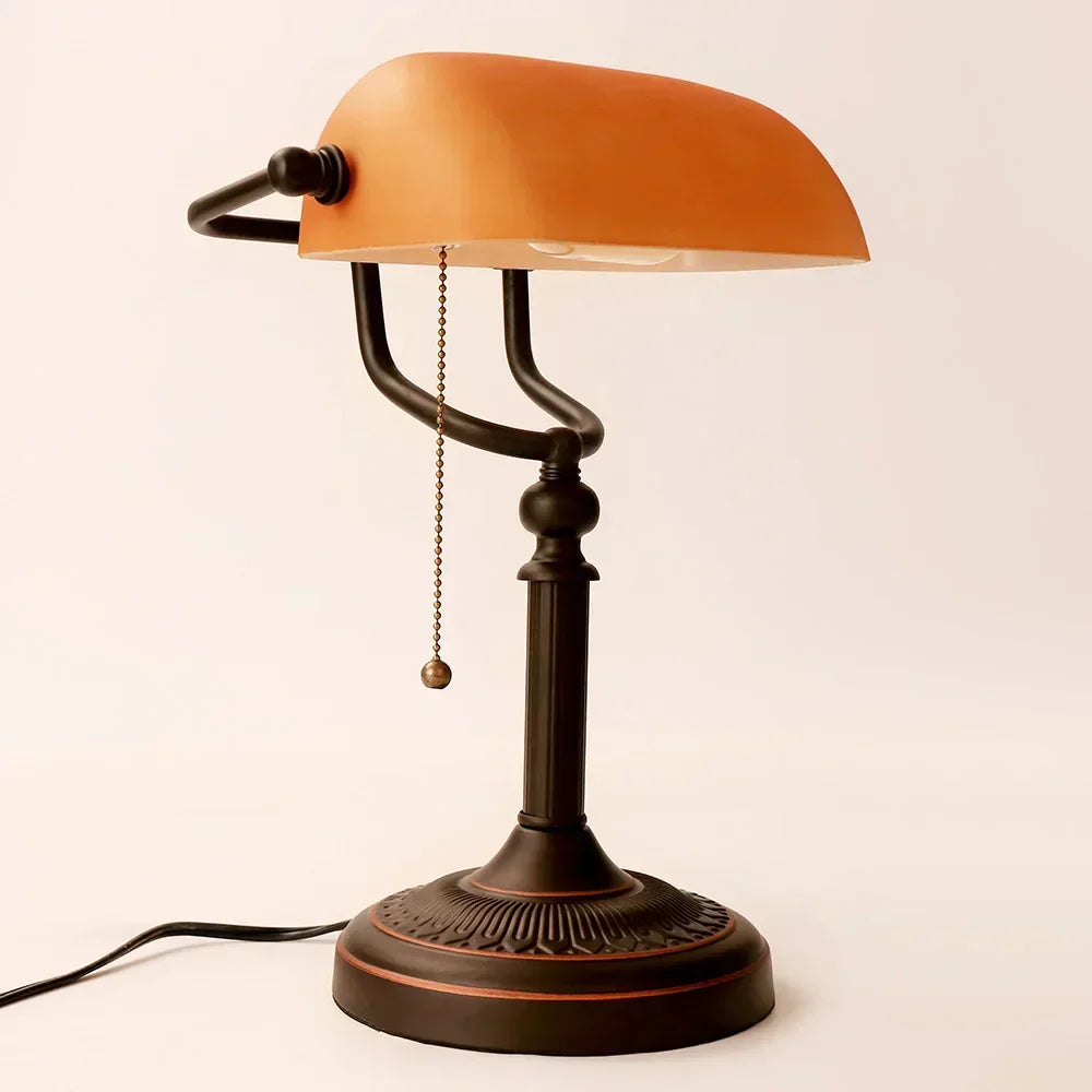 Vintage Amber Glass Table Lamp – Retro E26 Desk Light | Warm Ambient Lighting | Timeless Banker-Style Design