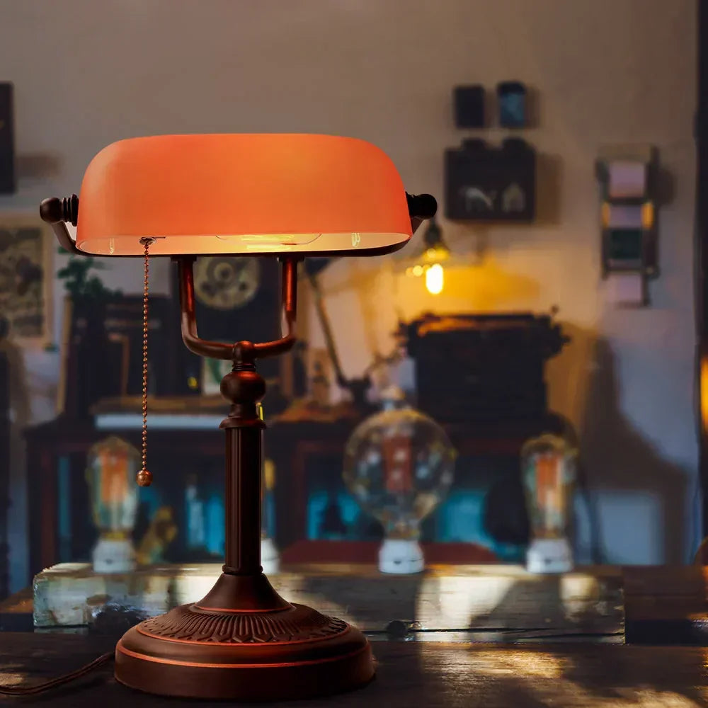 Vintage Amber Glass Table Lamp – Retro E26 Desk Light | Warm Ambient Lighting | Timeless Banker-Style Design