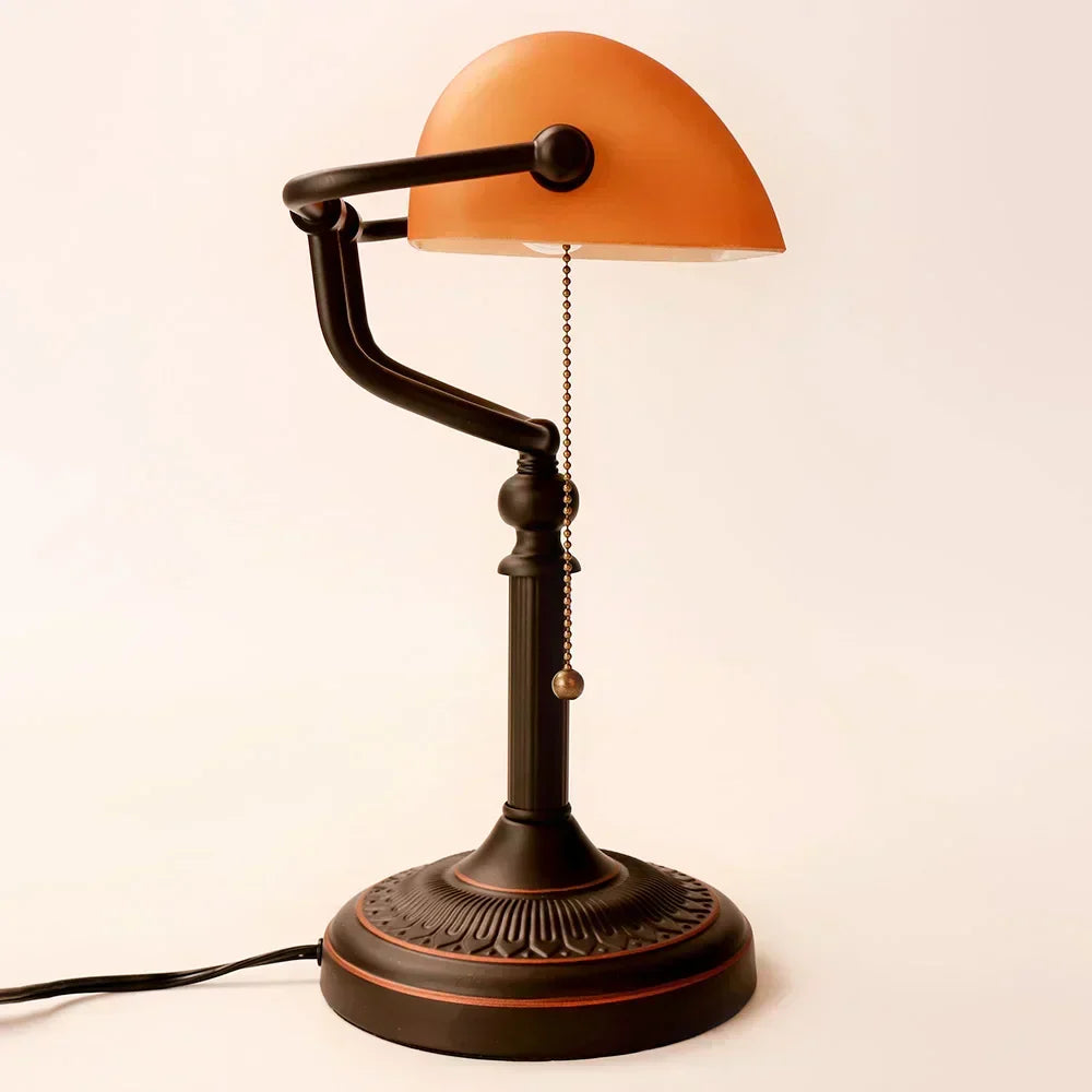 Vintage Amber Glass Table Lamp – Retro E26 Desk Light | Warm Ambient Lighting | Timeless Banker-Style Design