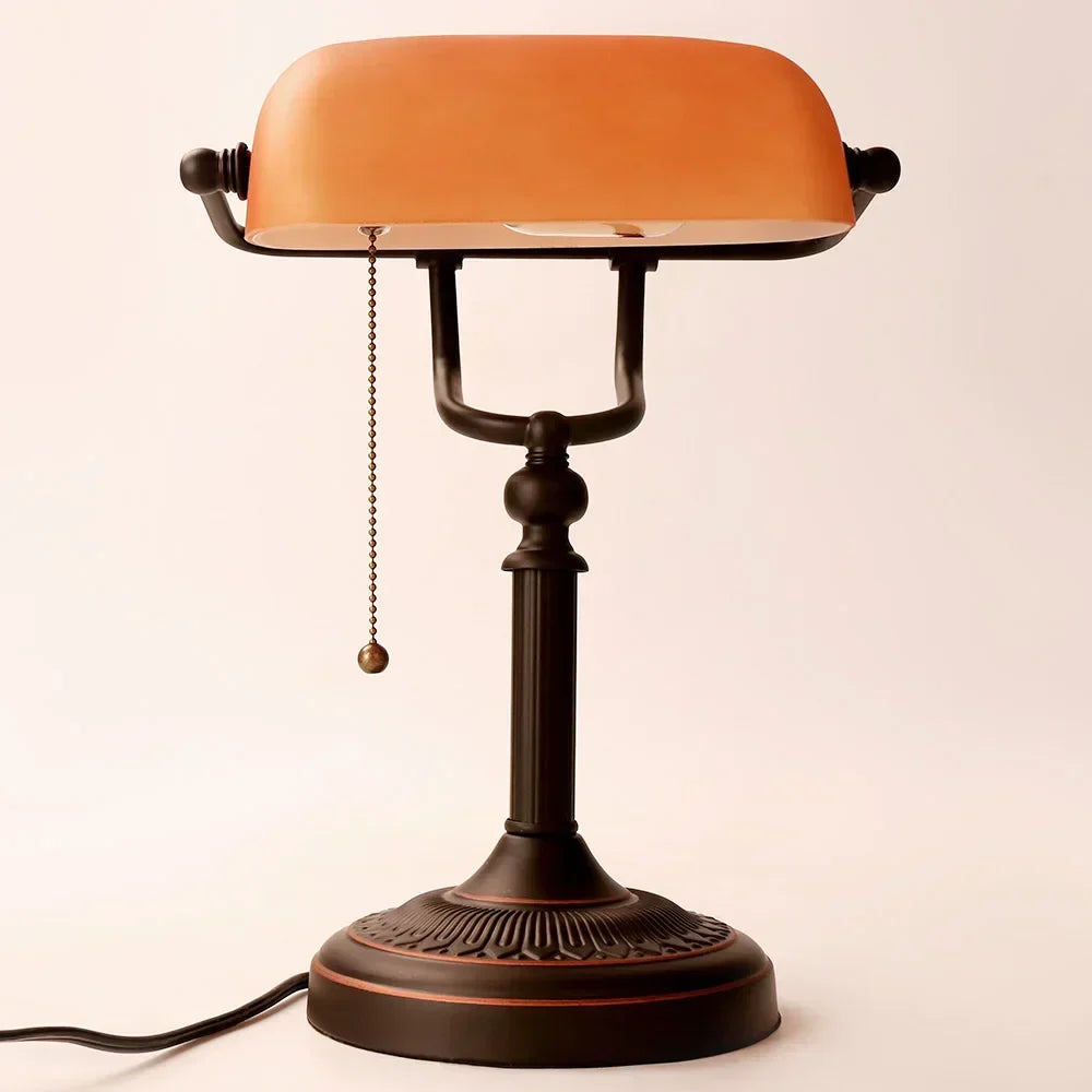 Vintage Amber Glass Table Lamp – Retro E26 Desk Light | Warm Ambient Lighting | Timeless Banker-Style Design