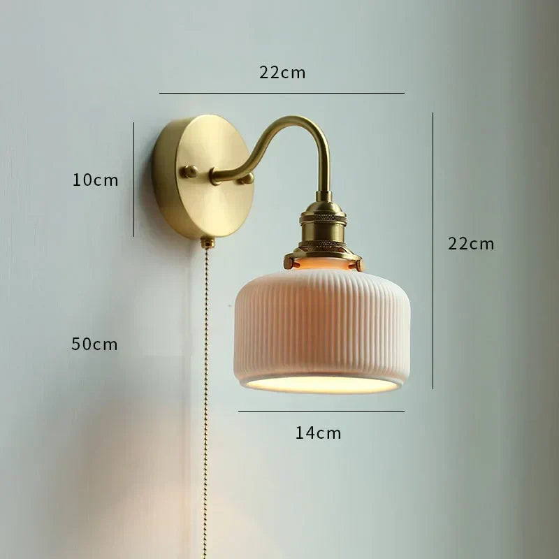 Nordic Copper Wall Light – E26 Glass Wall Lamp with Pull Cord Switch | Elegant Bathroom & Bedroom Lighting | Contemporary Scandinavian Design