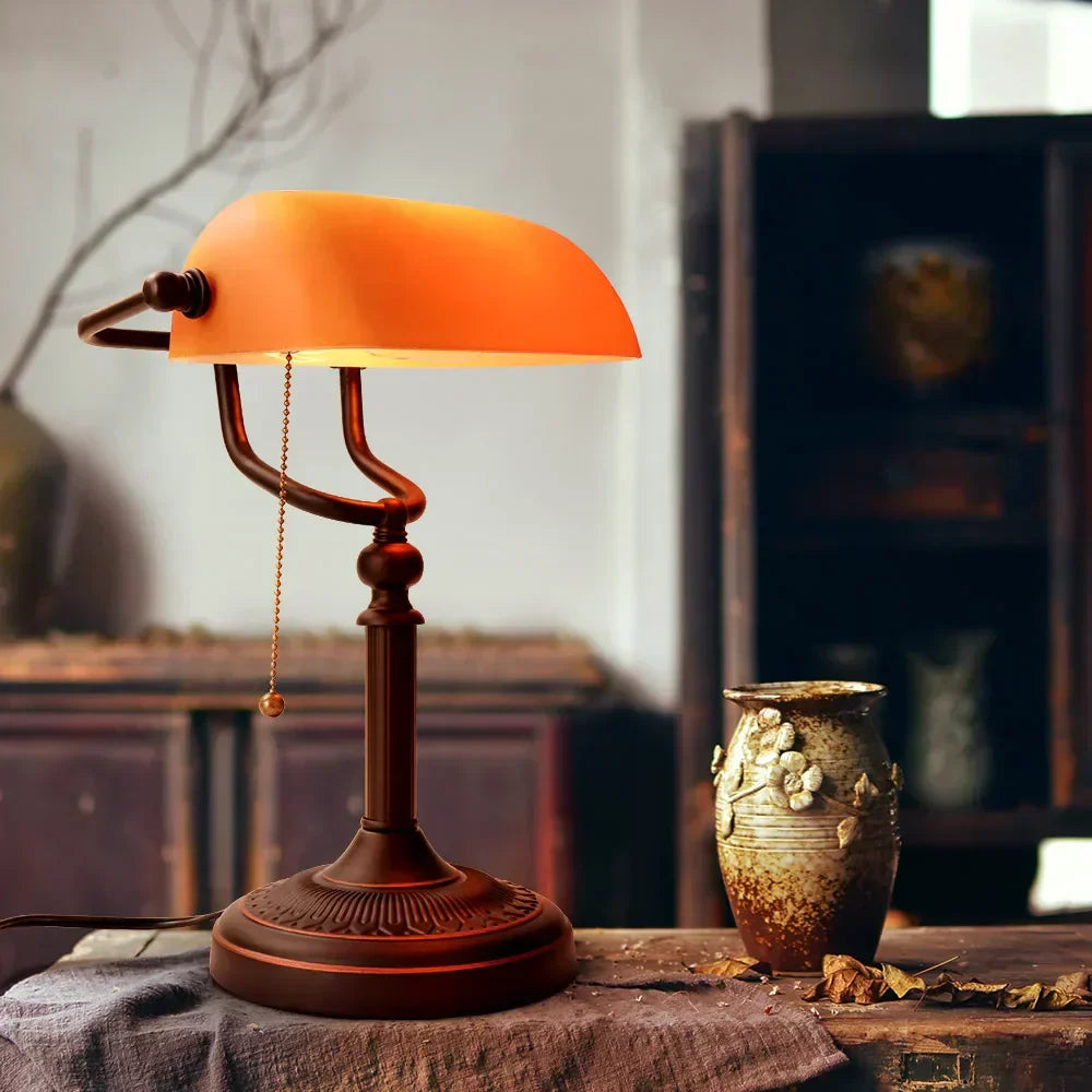 Vintage Amber Glass Table Lamp – Retro E26 Desk Light | Warm Ambient Lighting | Timeless Banker-Style Design