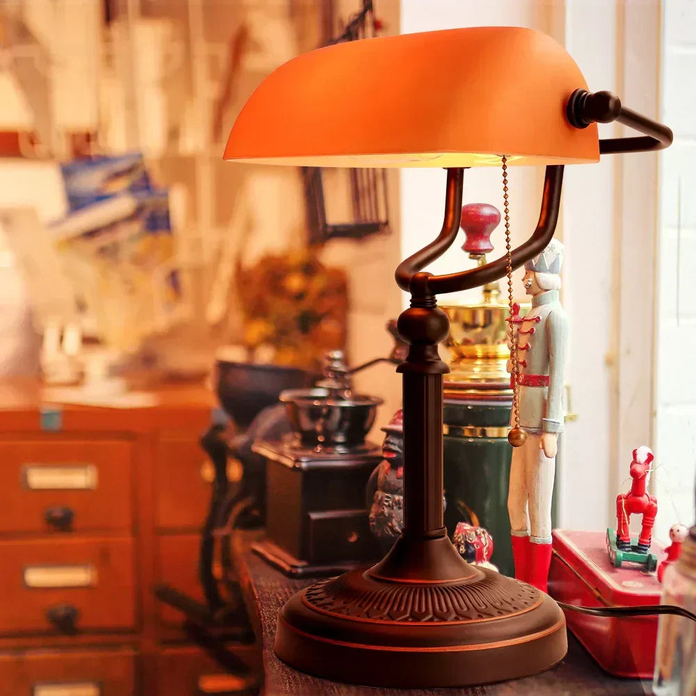 Vintage Amber Glass Table Lamp – Retro E26 Desk Light | Warm Ambient Lighting | Timeless Banker-Style Design