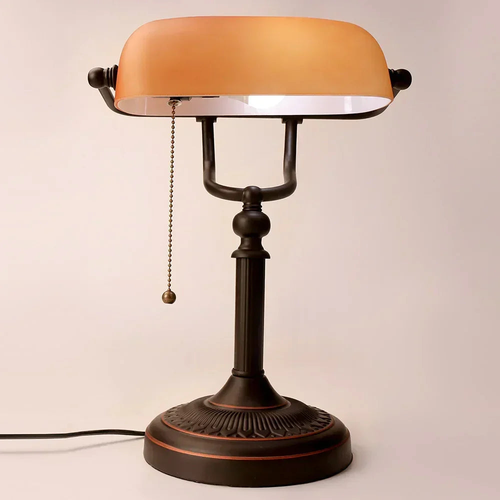 Vintage Amber Glass Table Lamp – Retro E26 Desk Light | Warm Ambient Lighting | Timeless Banker-Style Design