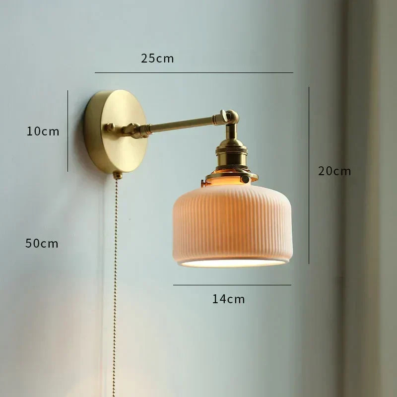 Nordic Copper Wall Light – E26 Glass Wall Lamp with Pull Cord Switch | Elegant Bathroom & Bedroom Lighting | Contemporary Scandinavian Design