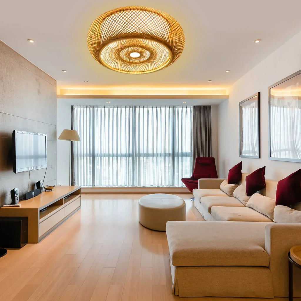 Zenvara Bamboo Ceiling Light – Handwoven Flush Mount Lamp | Natural Japandi Lighting for Modern Interiors