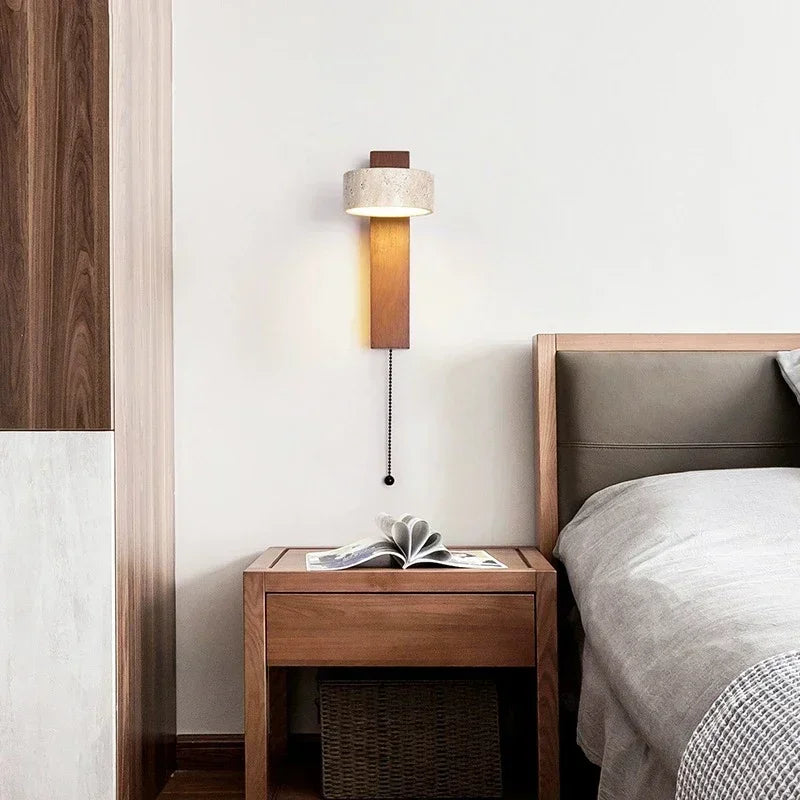 Zenora Pull Wall Light – Natural Stone & Walnut LED Lamp | Japandi Bedside Lighting | Minimalist Interior Elegance