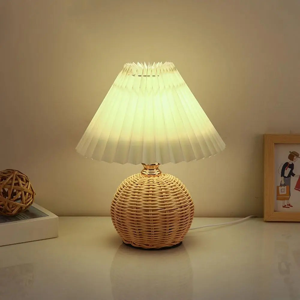 Pleated LED Table Lamp with Rattan Base – Vintage Bedside Light | Decorative Reading Lamp | Modern Home Accent Lighting