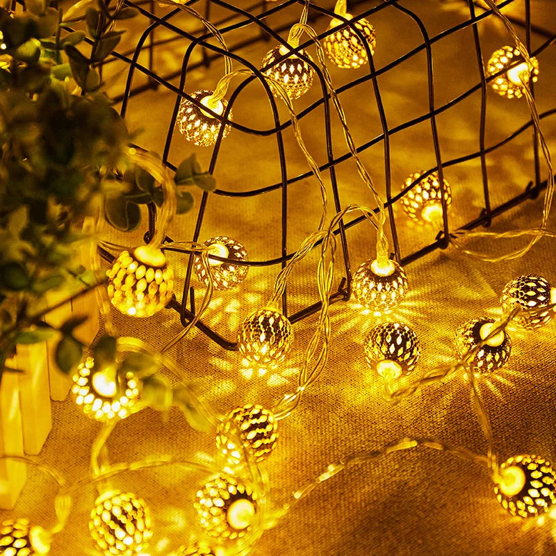 Moroccan Metal Globe LED String Lights – Battery-Powered Decorative Lights for Christmas, Home & Party Décor