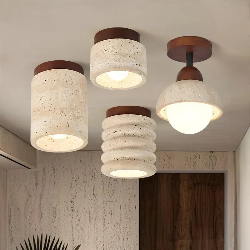 Travertine & Walnut Ceiling Light – Wabi-Sabi Japandi Flush Mount Lamp | Natural Ambient Interior Lighting