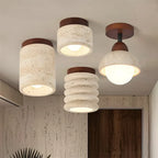 Travertine & Walnut Ceiling Light – Wabi-Sabi Japandi Flush Mount Lamp | Natural Ambient Interior Lighting