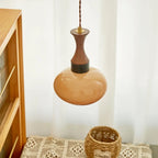 AmberGlow Vintage LED Pendant Lamp – Amber Glass & Wood Hanging Light with Adjustable 200 cm Cord