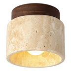 Travertine & Walnut Ceiling Light – Wabi-Sabi Japandi Flush Mount Lamp | Natural Ambient Interior Lighting