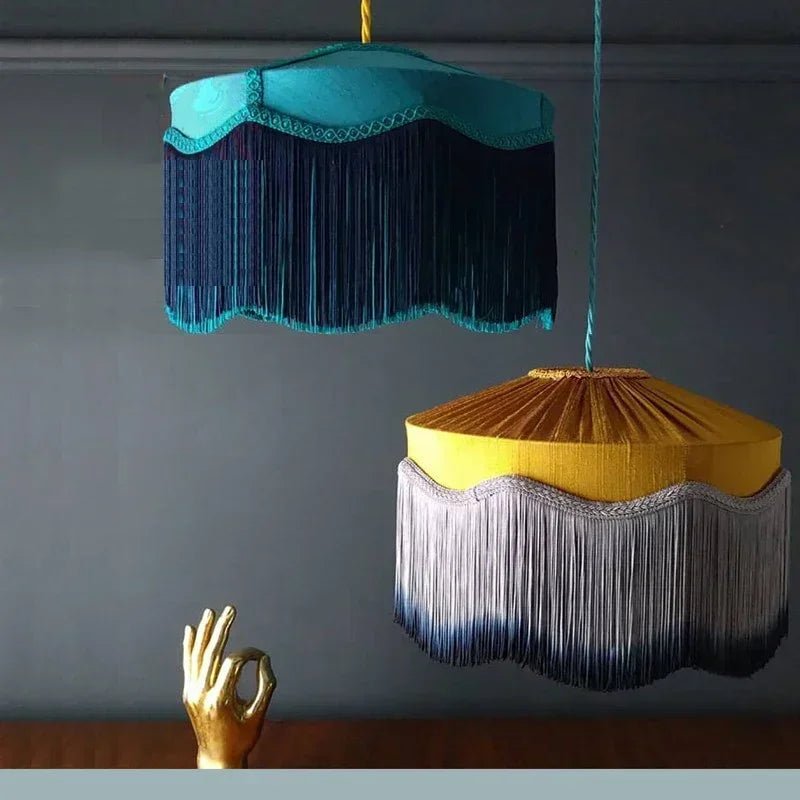 French Vintage Fabric Pendant Light with Tassel Shade – Elegant Boho Chandelier | Warm Ambient Lighting