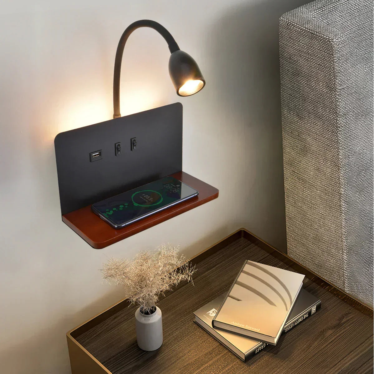 LumiCharge Smart Wall Light – Wireless Charging Sconce | Modern Bedside LED Lighting