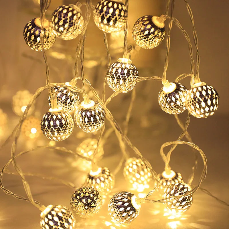Moroccan Metal Globe LED String Lights – Battery-Powered Decorative Lights for Christmas, Home & Party Décor