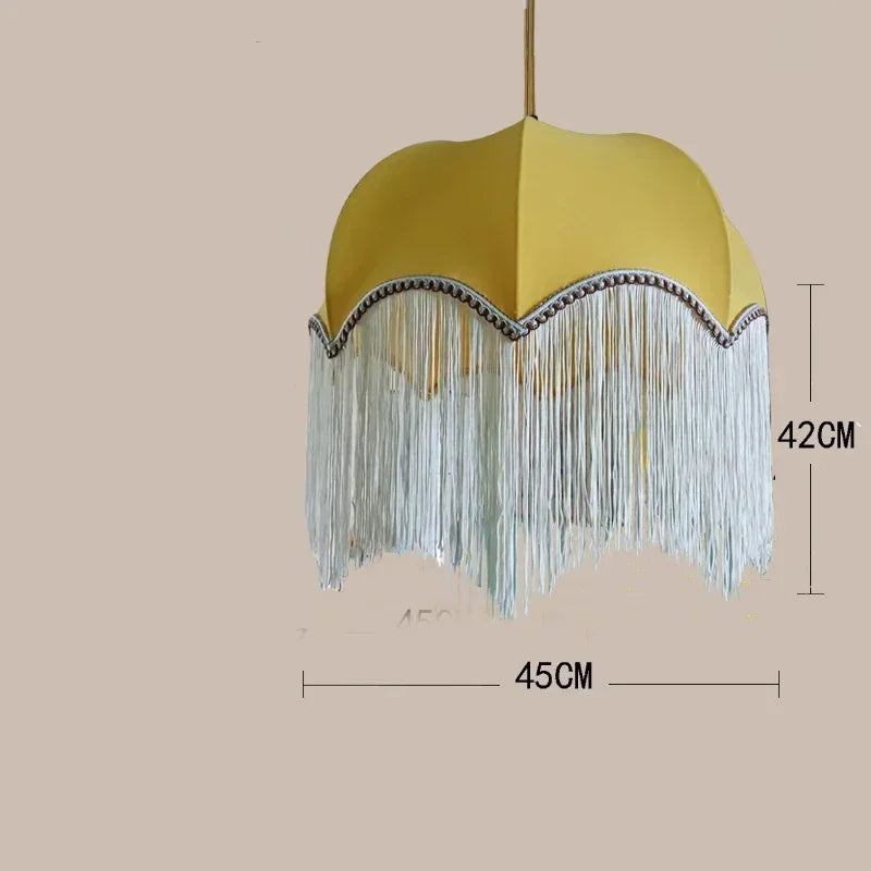 French Vintage Fabric Pendant Light with Tassel Shade – Elegant Boho Chandelier | Warm Ambient Lighting