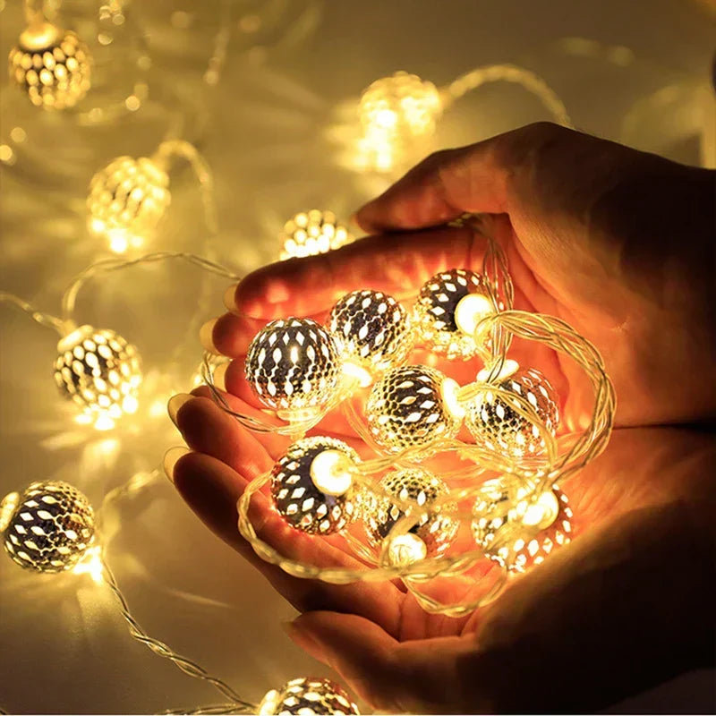 Moroccan Metal Globe LED String Lights – Battery-Powered Decorative Lights for Christmas, Home & Party Décor