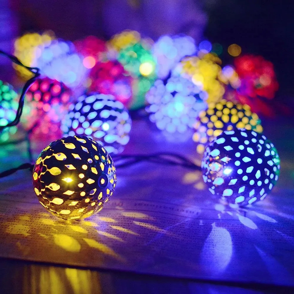 Moroccan Metal Globe LED String Lights – Battery-Powered Decorative Lights for Christmas, Home & Party Décor