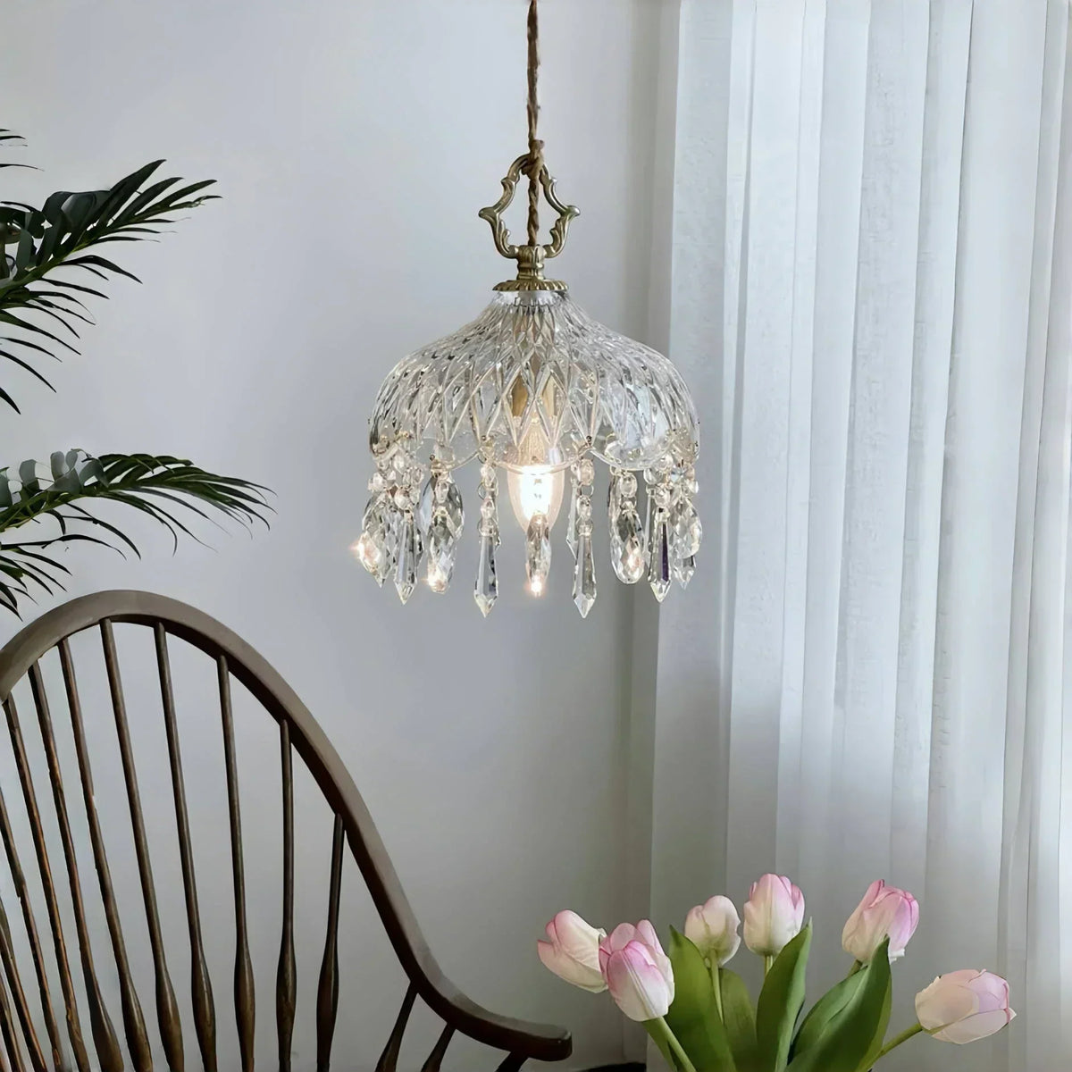 French Crystal Glass Pendant Light – Luxury Gold LED Chandelier | Elegant Ambient Lighting | Vintage-Inspired Statement Piece