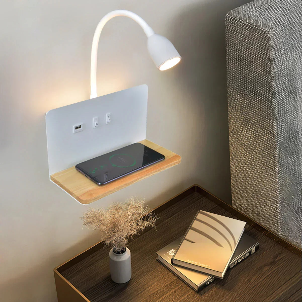 LumiCharge Smart Wall Light – Wireless Charging Sconce | Modern Bedside LED Lighting