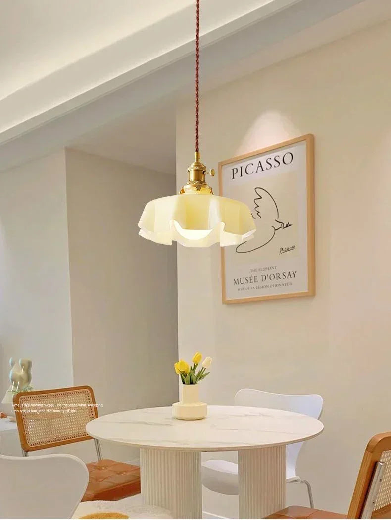Cream Petal Glass Pendant Light – Scandinavian E26 Ceiling Lamp | Elegant Ambient Lighting | Contemporary Dining Room Feature