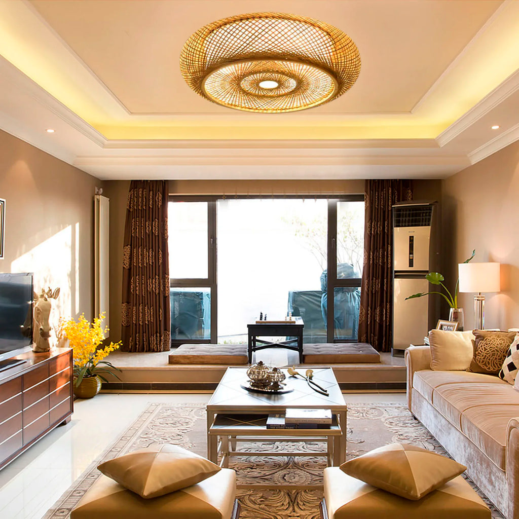 Zenvara Bamboo Ceiling Light – Handwoven Flush Mount Lamp | Natural Japandi Lighting for Modern Interiors