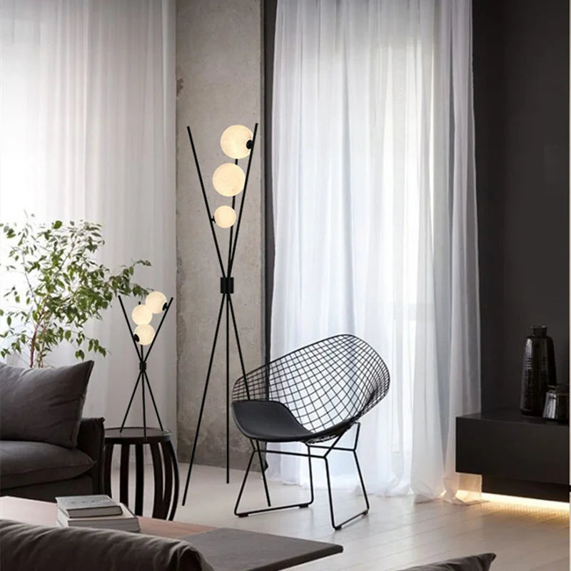 LunaGlow 3D Moon Floor Lamp – Modern LED Tripod Lamp with Satin Glass Globes