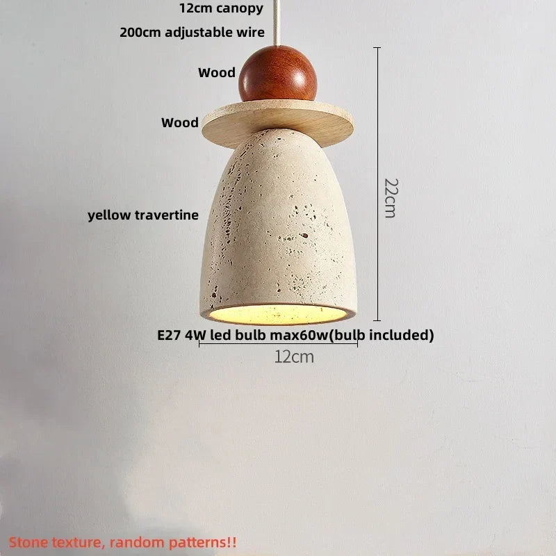Wabiora Pendant Light – Travertine Stone & Wood Ceiling Lamp | Japandi Ambient Lighting | Natural Interior Harmony