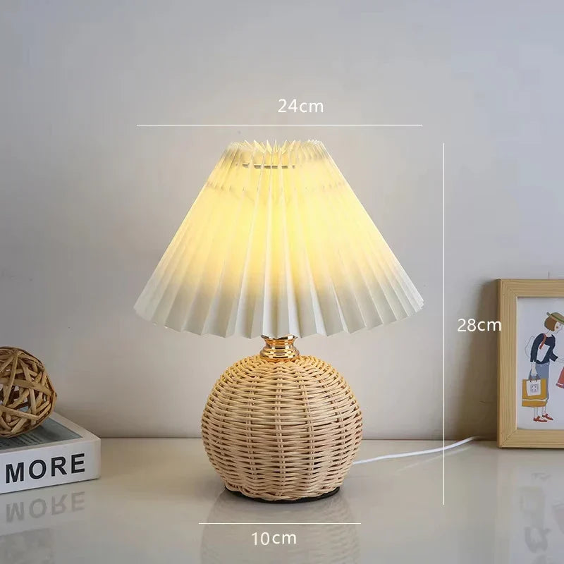 Pleated LED Table Lamp with Rattan Base – Vintage Bedside Light | Decorative Reading Lamp | Modern Home Accent Lighting