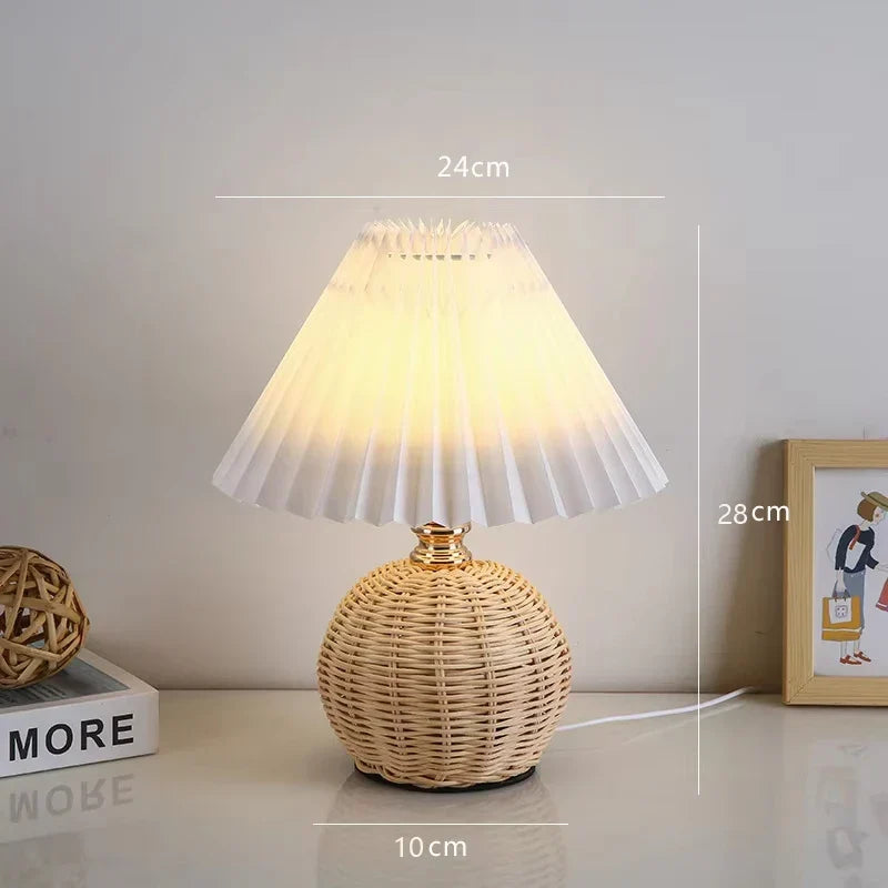 Pleated LED Table Lamp with Rattan Base – Vintage Bedside Light | Decorative Reading Lamp | Modern Home Accent Lighting