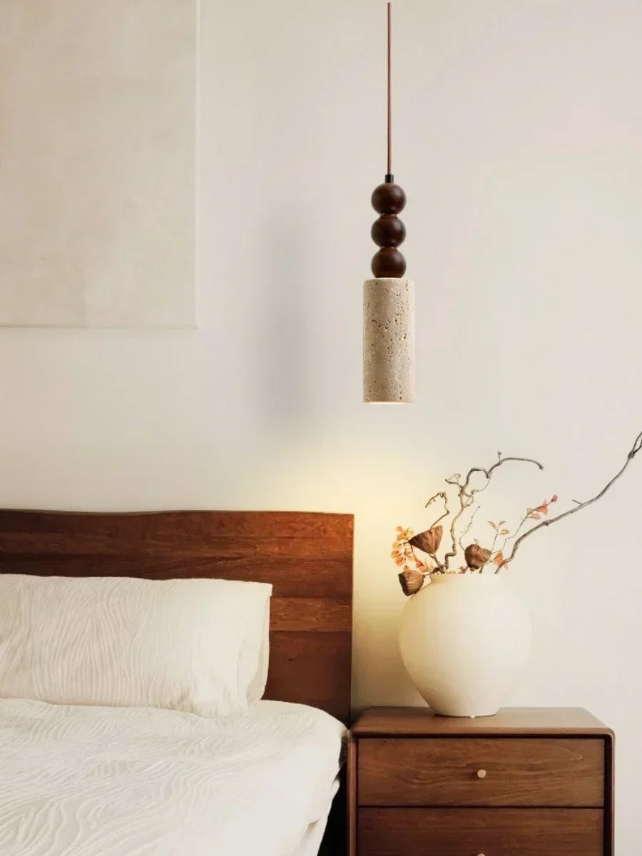 Wabiora Pendant Light – Travertine Stone & Wood Ceiling Lamp | Japandi Ambient Lighting | Natural Interior Harmony
