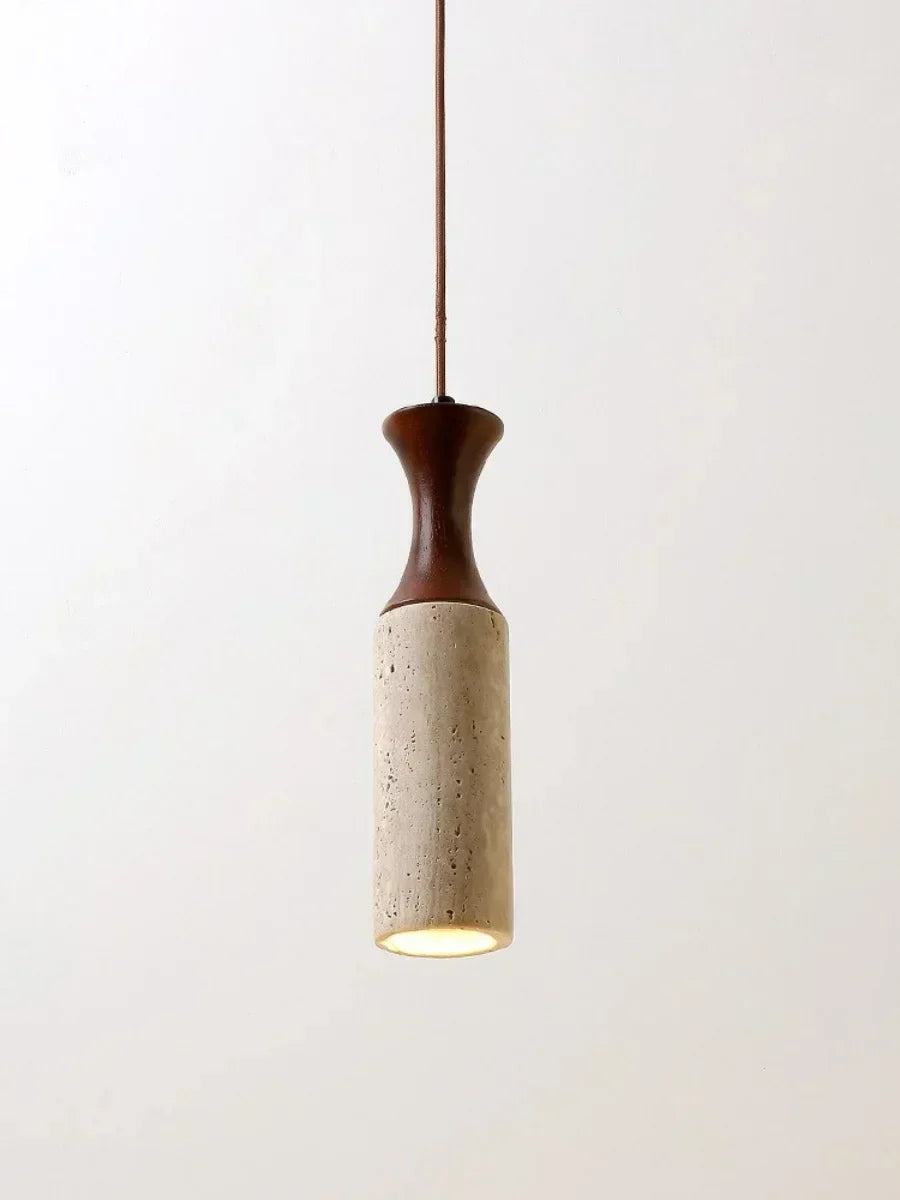 Wabiora Pendant Light – Travertine Stone & Wood Ceiling Lamp | Japandi Ambient Lighting | Natural Interior Harmony