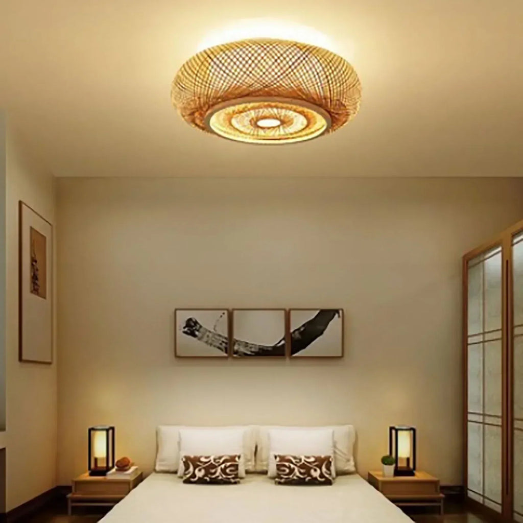 Zenvara Bamboo Ceiling Light – Handwoven Flush Mount Lamp | Natural Japandi Lighting for Modern Interiors