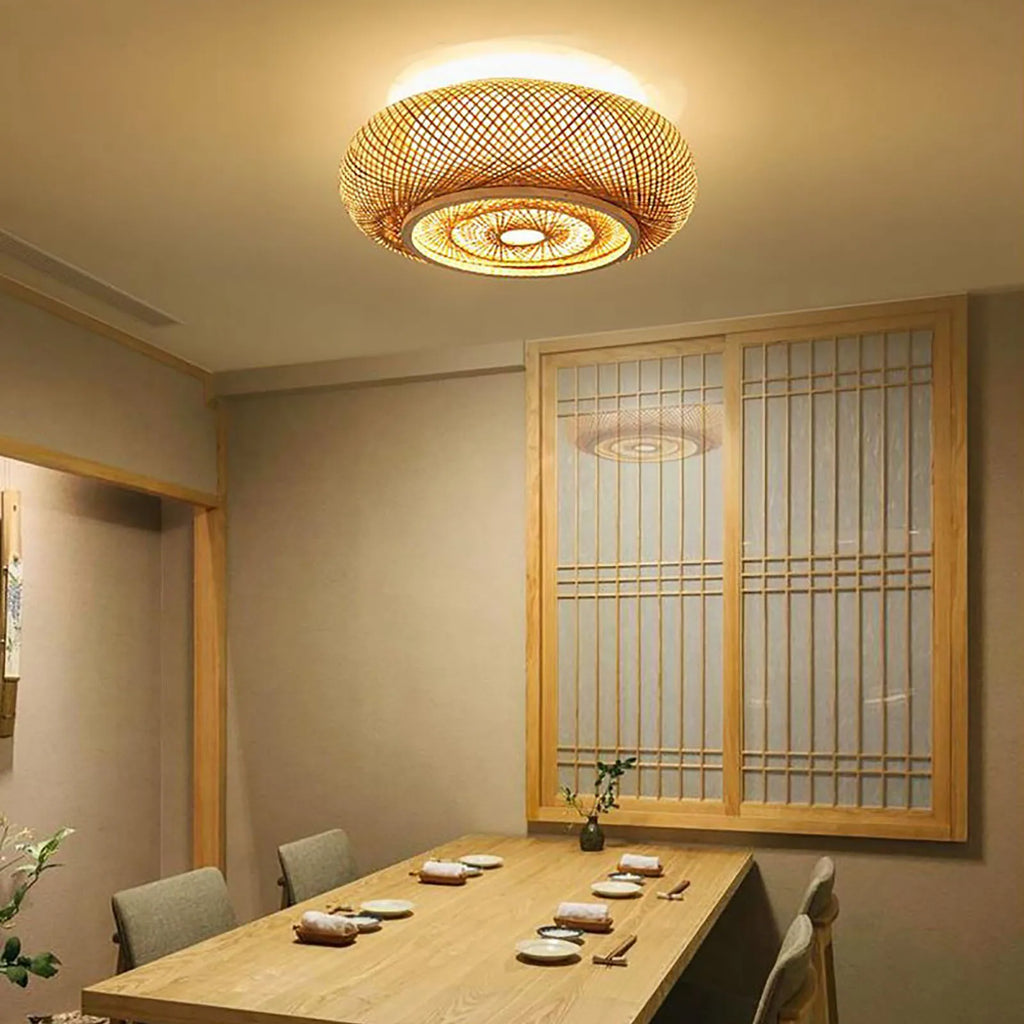 Zenvara Bamboo Ceiling Light – Handwoven Flush Mount Lamp | Natural Japandi Lighting for Modern Interiors