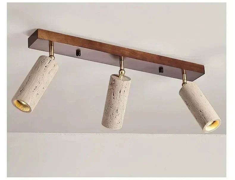 Travertine & Wood Ceiling Spotlight – Wabi-Sabi LED Flush Mount Light | Japandi Accent Interior Lighting
