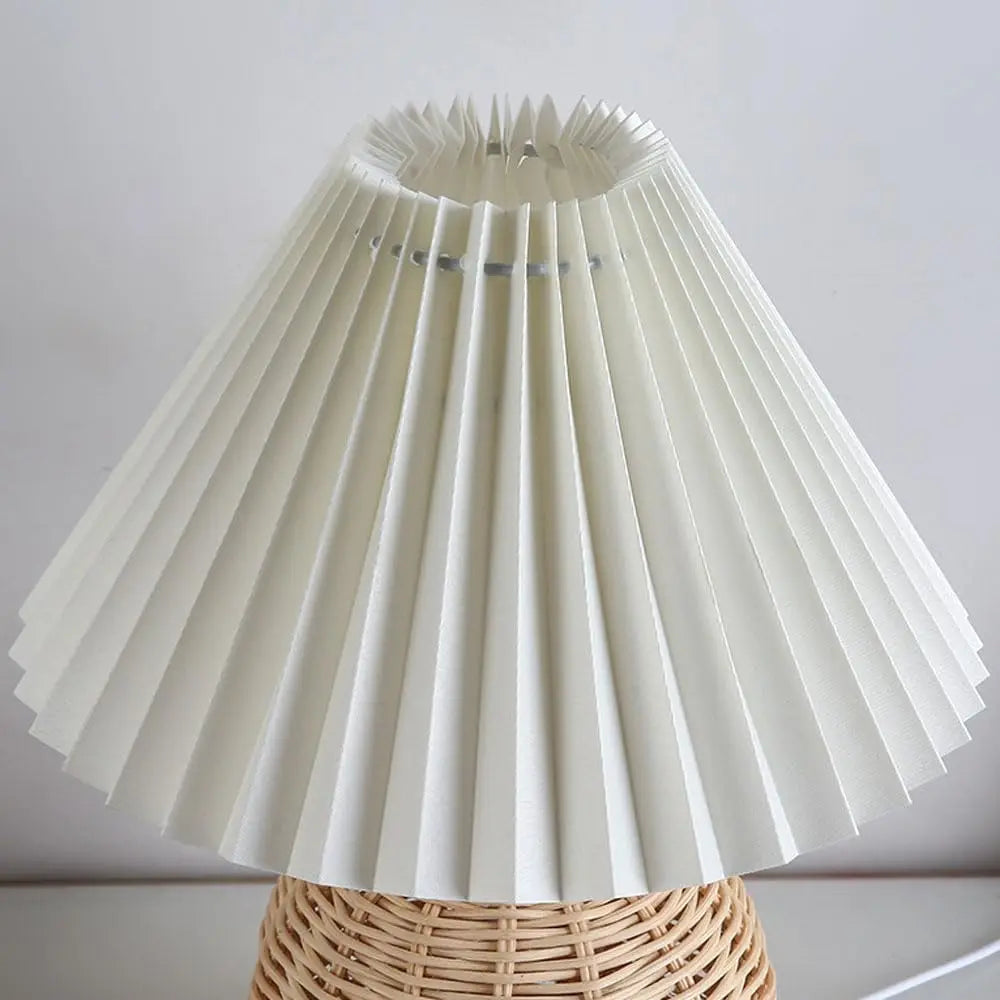 Pleated LED Table Lamp with Rattan Base – Vintage Bedside Light | Decorative Reading Lamp | Modern Home Accent Lighting