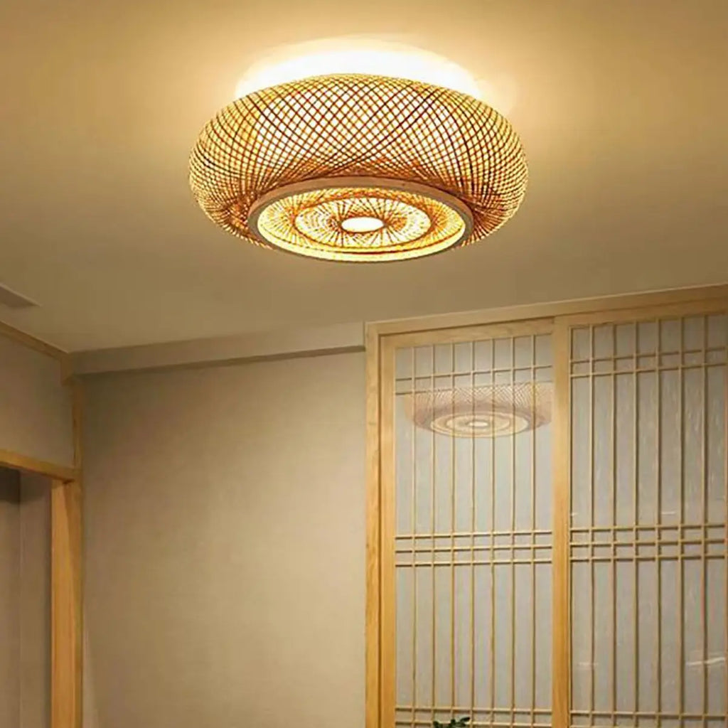 Zenvara Bamboo Ceiling Light – Handwoven Flush Mount Lamp | Natural Japandi Lighting for Modern Interiors