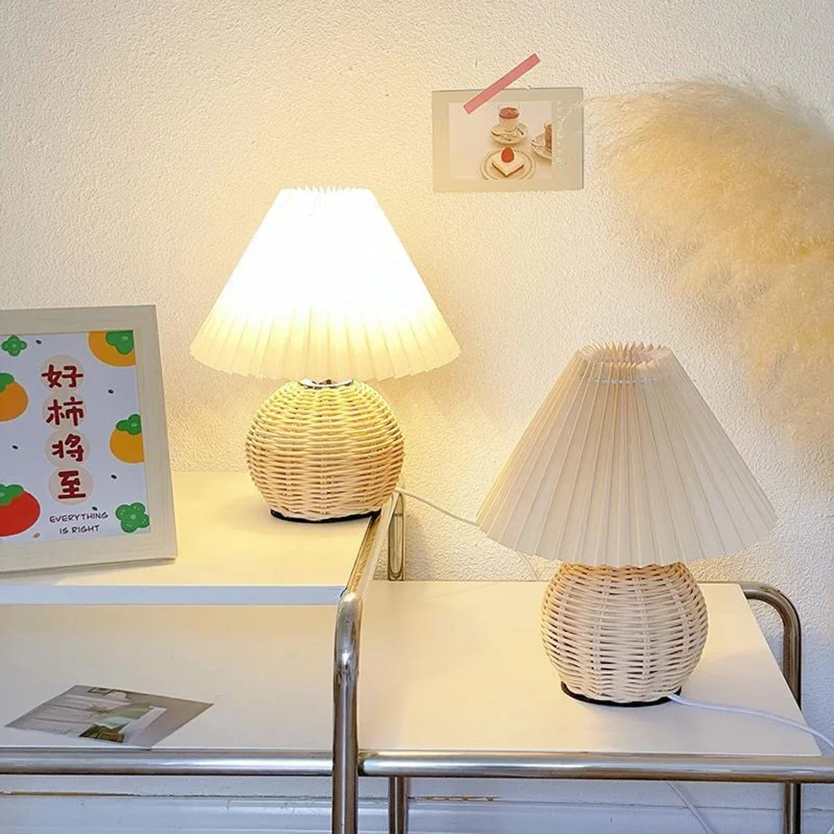 Pleated LED Table Lamp with Rattan Base – Vintage Bedside Light | Decorative Reading Lamp | Modern Home Accent Lighting